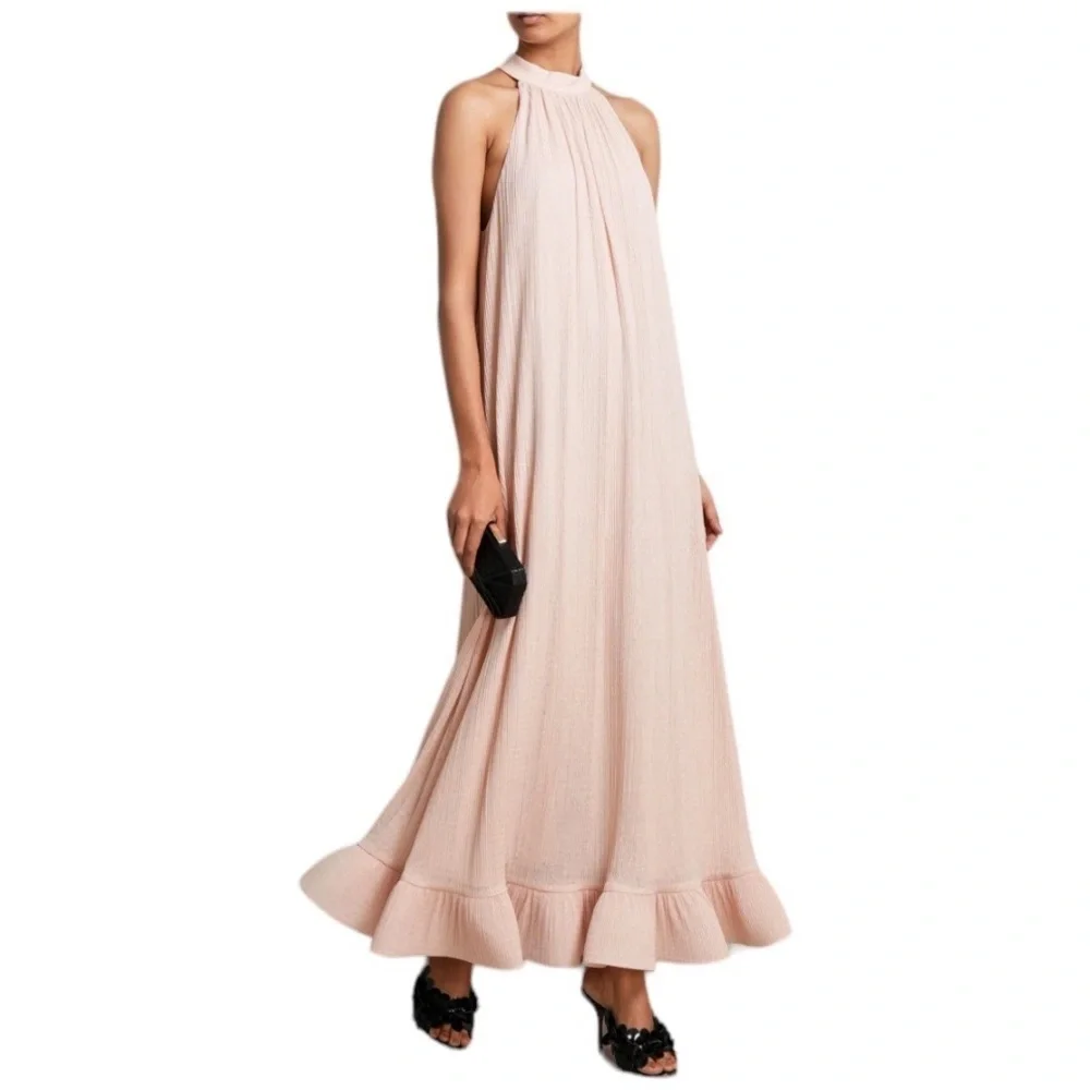 Jonathan Simkhai Textured Rita Halter Neck Shift Maxi Ruffle Dress NWT Sz Medium - Picture 1 of 11